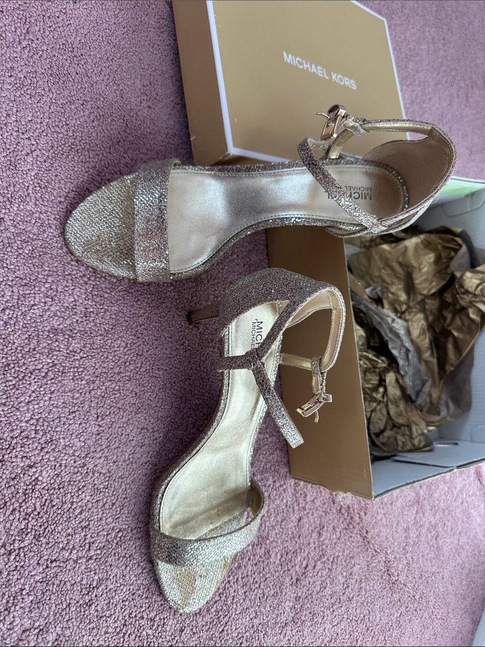 Michael Kors Rose Gold Glitter Ankle-Strap Stiletto Heels